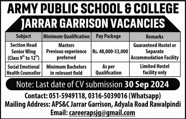Army Public School & College APS&C Rawalpindi Jobs 2024