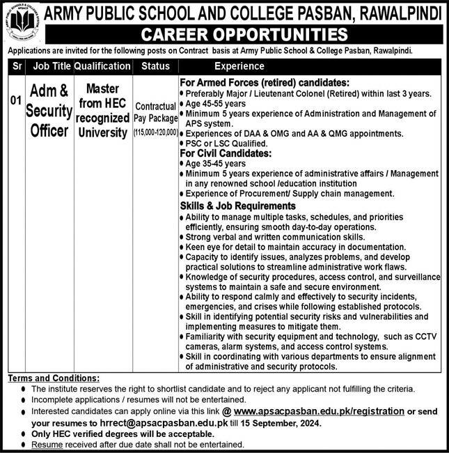 Army Public School & College Rawalpindi Jobs 2024