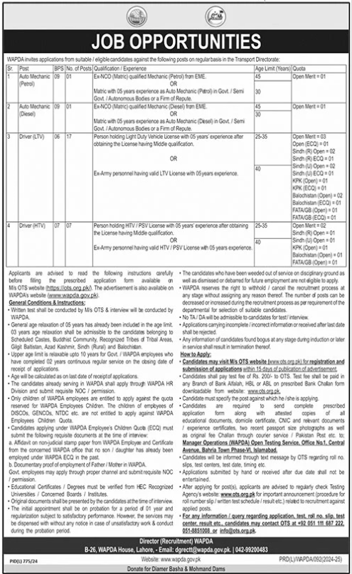Auto Mechanic & Driver WAPDA  Jobs 2024