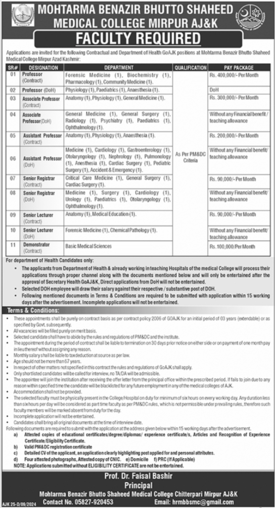 Benazir Bhutto Shaheed Medical College MBBSMC Jobs 2024