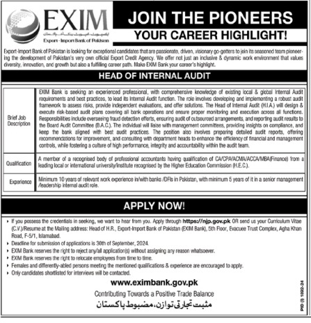 Exim Import Bank Of Pakistan Head Internal Audit Jobs 2024