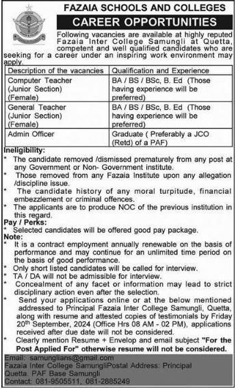 Fazaia Schools And Colleges Jobs 2024
