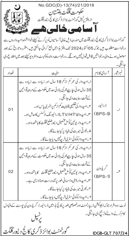 Govt Boys Degree College Driver & Grade I Jobs 2024