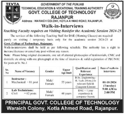  Govt College Of Technology Jobs 2024