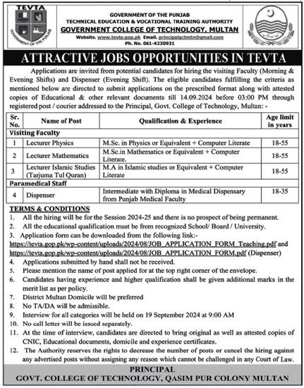 Govt College Of Technology Multan TEVTA Jobs 2024