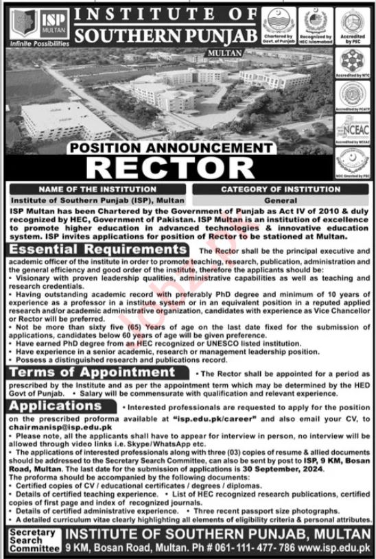 ISP Multan For Rector Jobs 2024