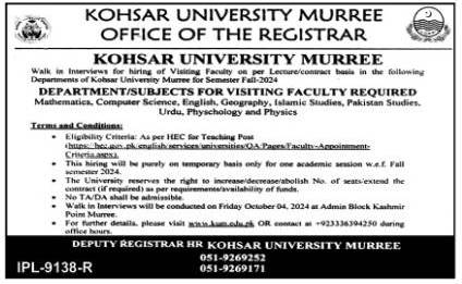 Kohsar University Murree Jobs 2024