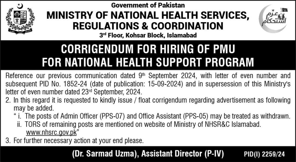 Ministry of National Health Services Regulations & Coordination NHSRC Jobs 2024