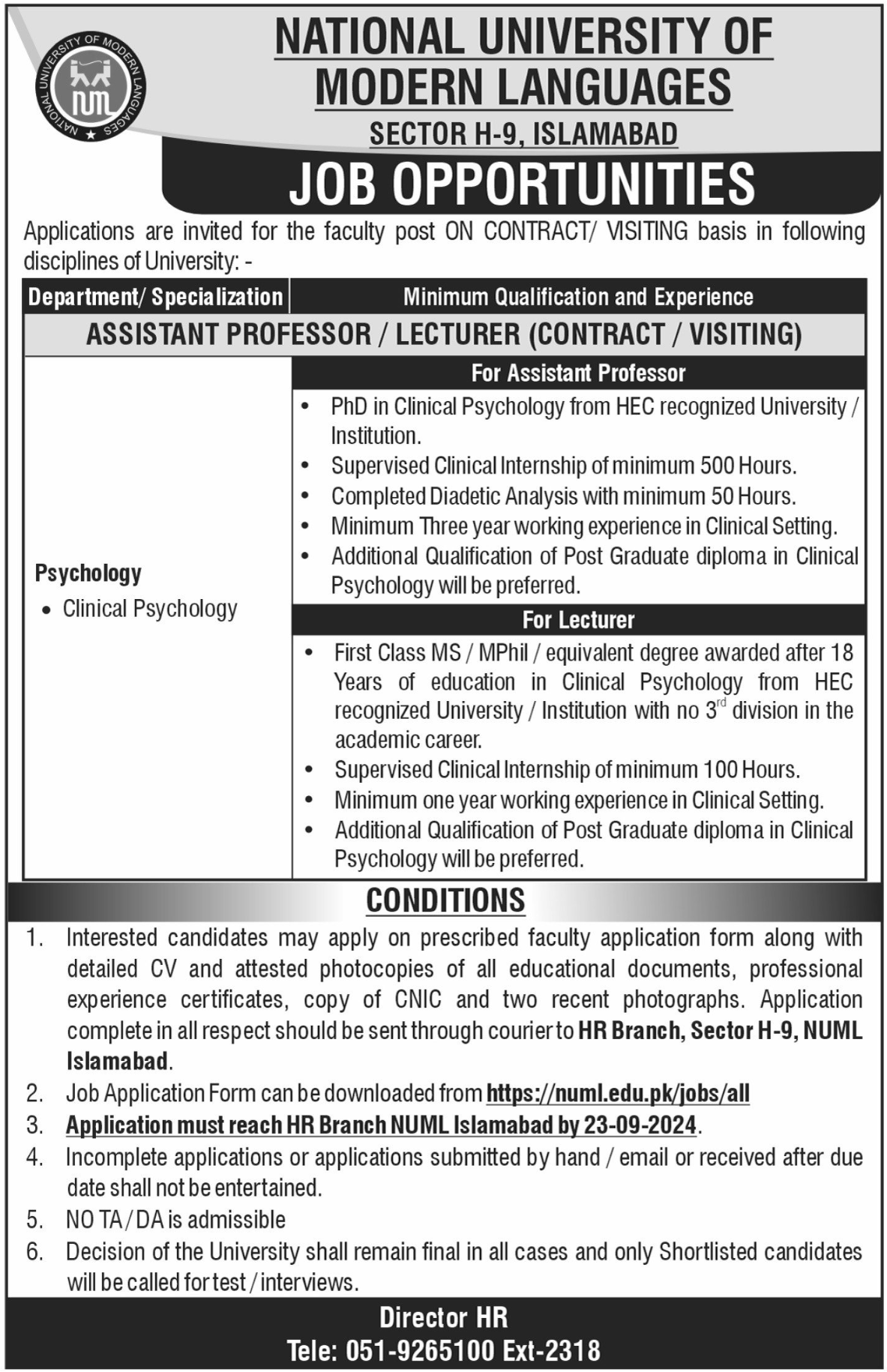 National University Of Modern Languages NUML Jobs 2024