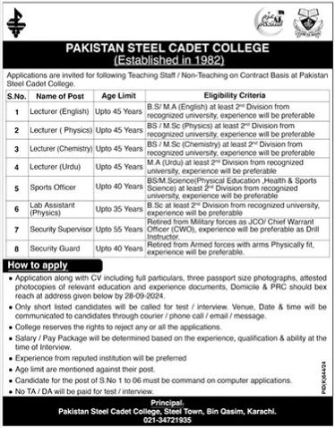 Pakistan Steel Cadet College PSCC Jobs 2024