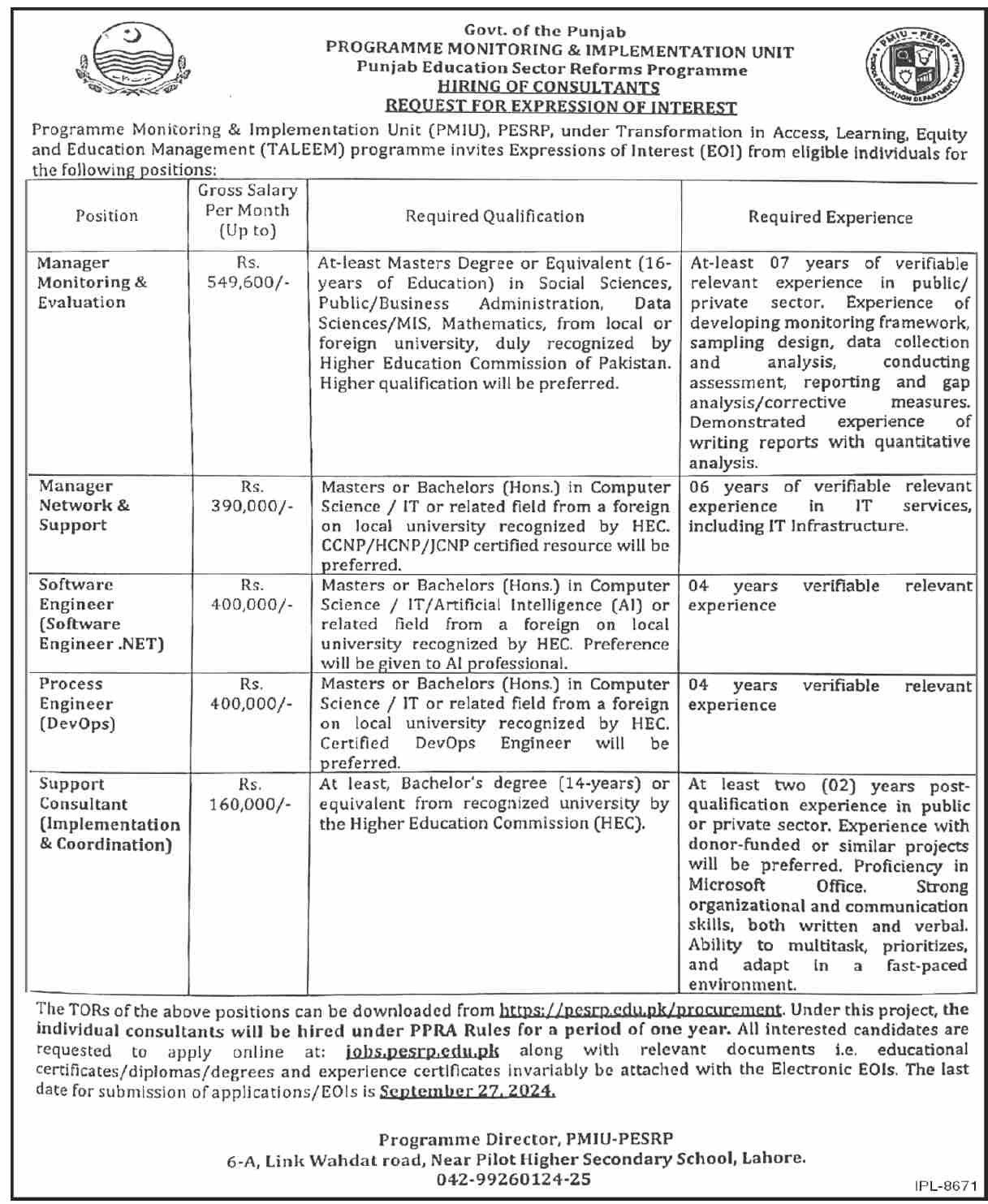 Program Monitoring and Implementation Unit PMIU Lahore Jobs 2024
