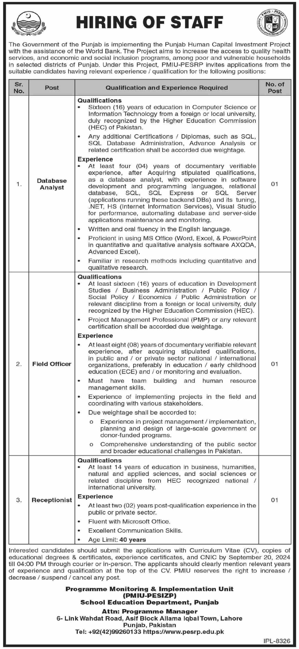 Programme Monitoring & Implementation Unit PMIU Jobs 2024
