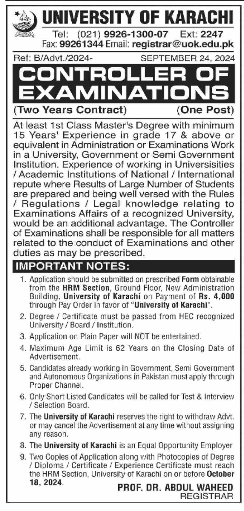 University Of Karachi Jobs Apply 2024