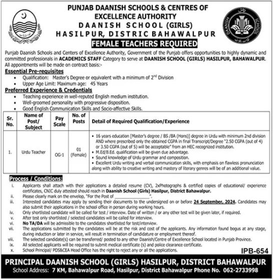 Urdu Teacher At Daanish School Girls Hasilpur Jobs 2024