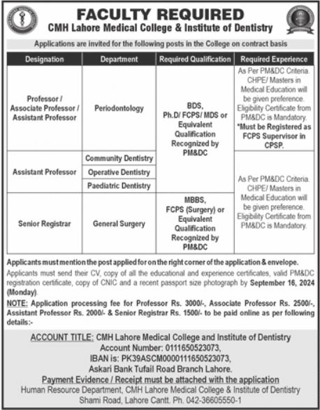 CMH Lahore Medical College Jobs 2024