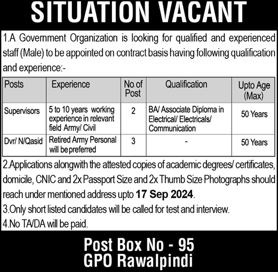 Supervisor & Driver In Government Organization Jobs 2024