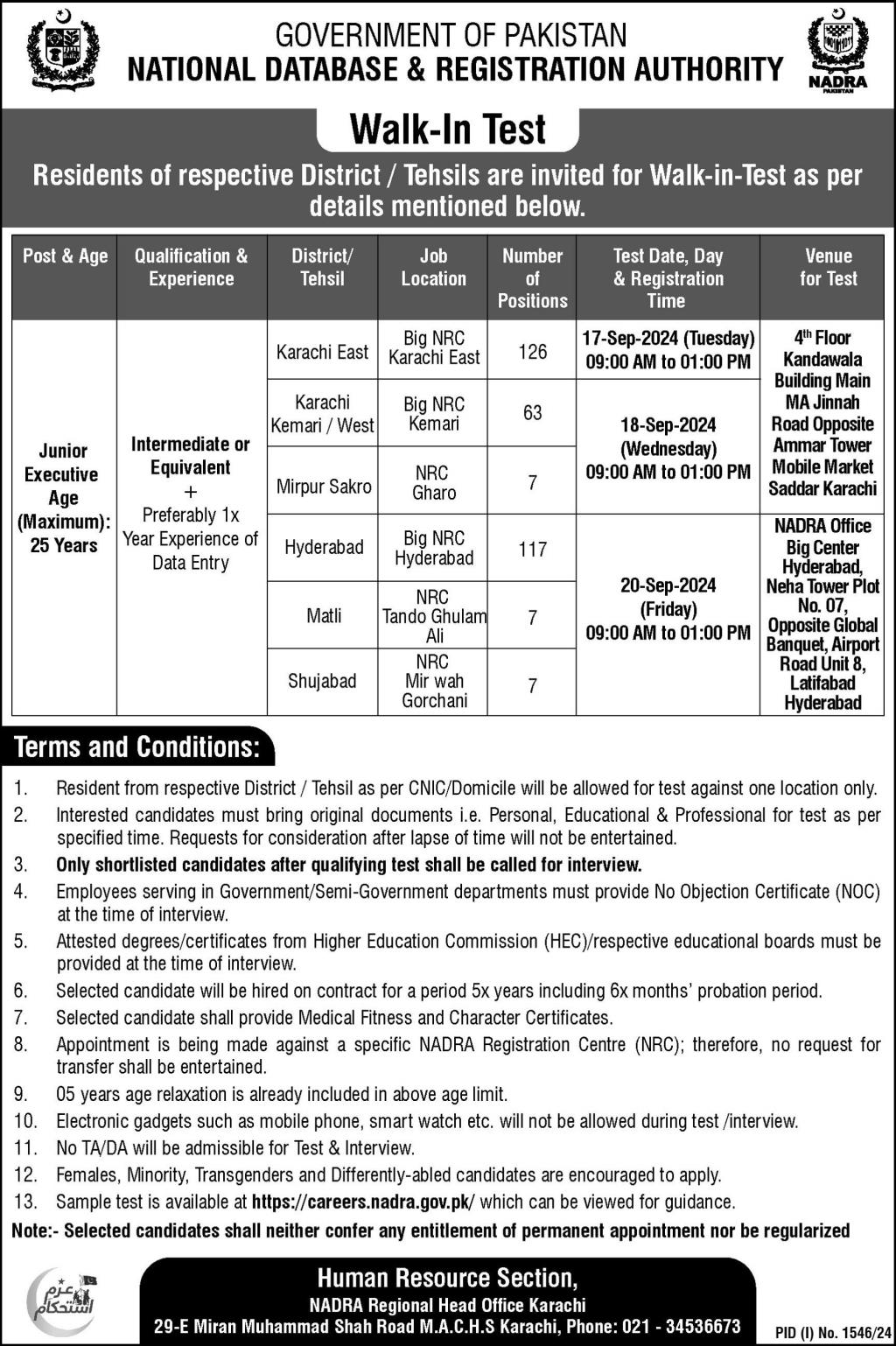 National Database & Registration Authority NADRA Jobs 2024