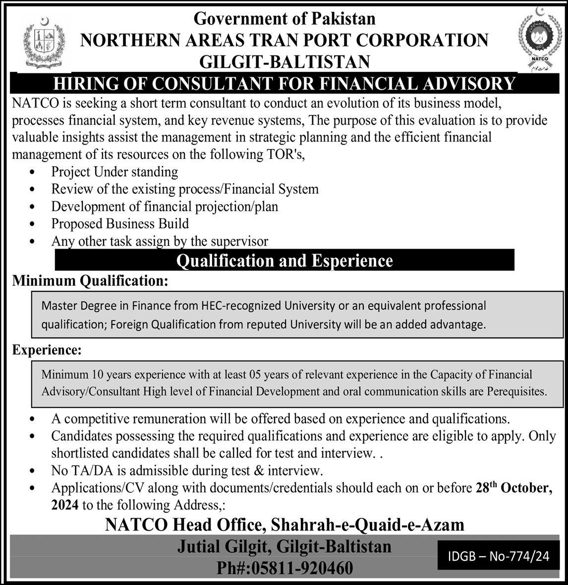 Consultant Job At Northern Areas Transport Corporation NATCO Jobs 2024