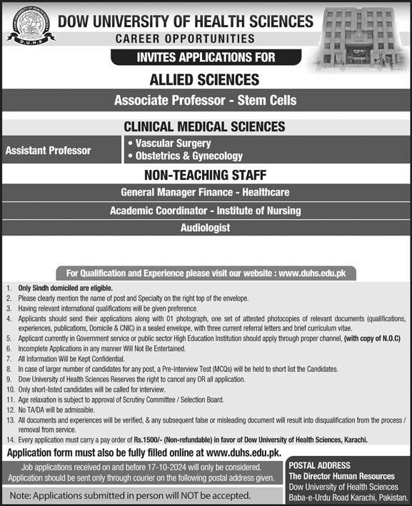 Dow University Of Health Sciences Jobs 2024