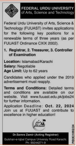 Federal Urdu University Of Arts Science & Technology FUUAST Posts 2024