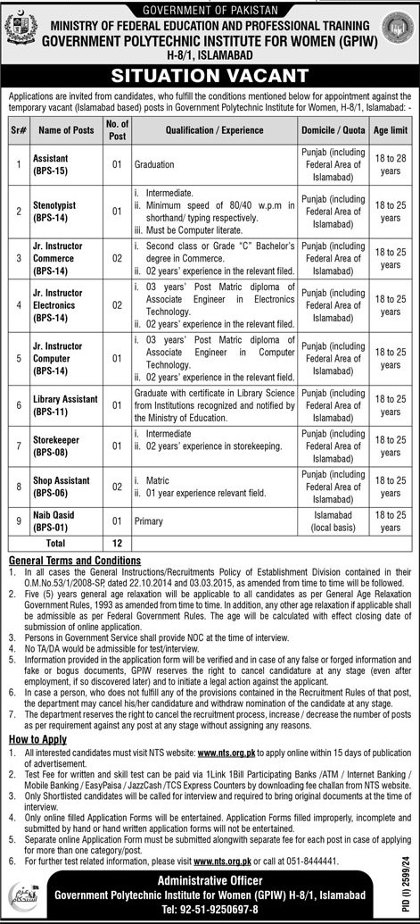 Ministry of Federal Education & Professional Training MOENT Jobs 2024