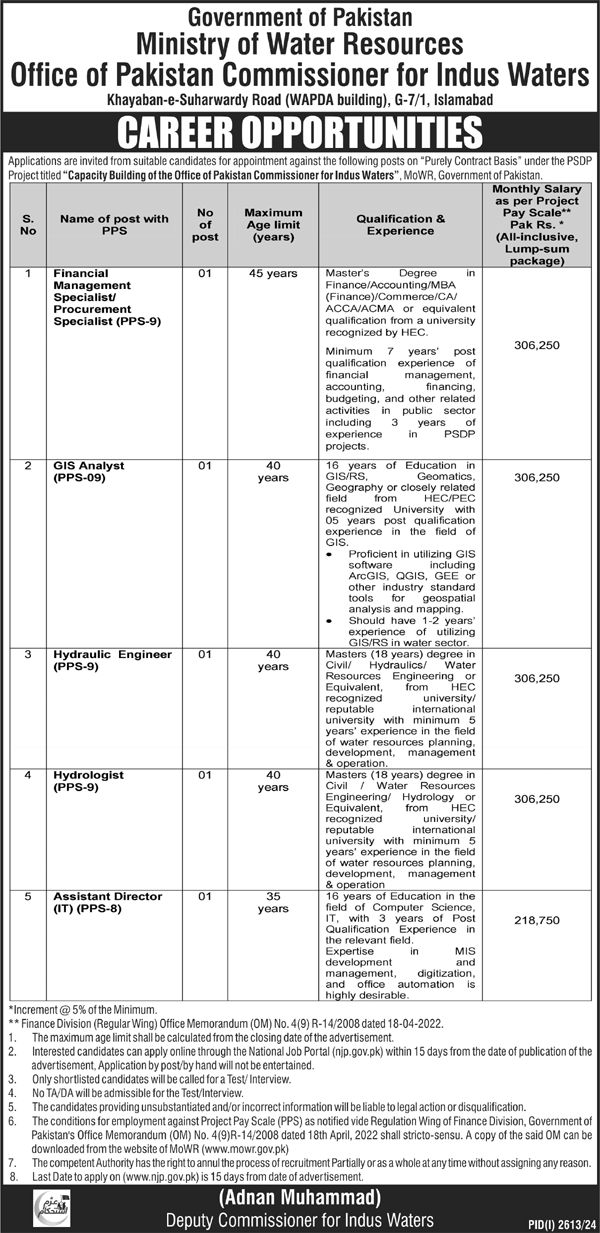 Ministry Of Water Resources MOWR Positions Vacant Posts 2024