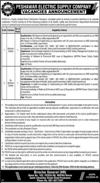 Peshawar Electric Supply Company PESCO Jobs 2024